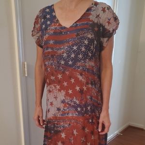 Patriotic USA Flag Boho Midi Length Dress, M